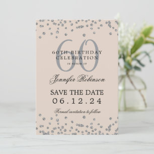 Invitación Silver Champagne 60 cumpleaños Save Date Confetti