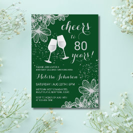 Invitación Silver Cheers Wine Floral Green Birthday