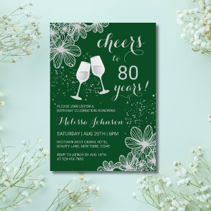 Invitación Silver Cheers Wine Floral Green Birthday
