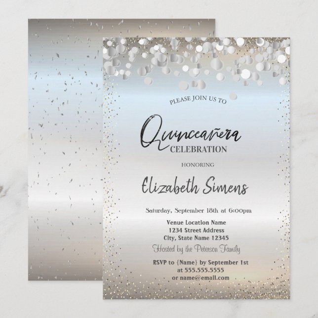 Invitación Silver Confetti Dots Princess Silver Quinceañera (Anverso / Reverso)