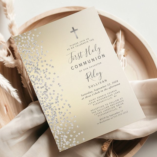 Invitación Silver Confetti Gold Ombre Primera Santa Comunión (Subido por el creador)