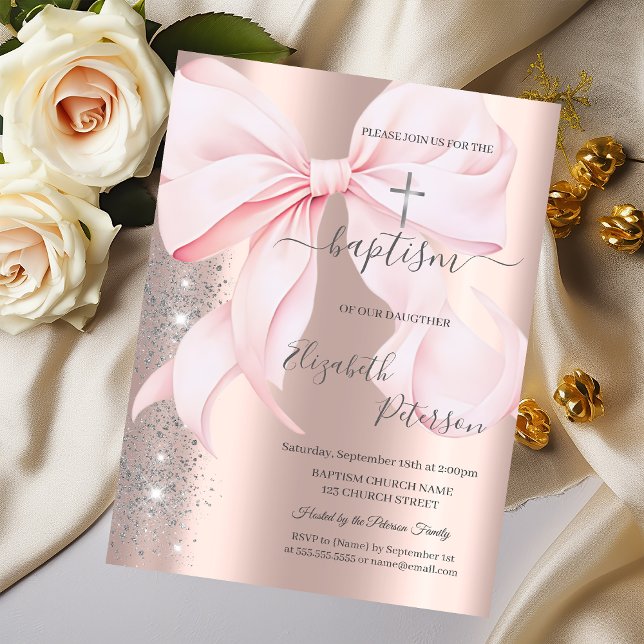 Invitación Silver Cross Pink Bow Rose Gold Glitter Dust  (Subido por el creador)