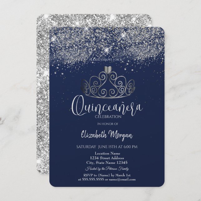 Invitación Silver Crown Glitter Confetti  Blue Quinceañera   (Anverso / Reverso)