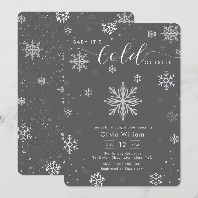 Invitación Silver Dark Grey Winter Snowflake Baby Shower  (Anverso / Reverso)