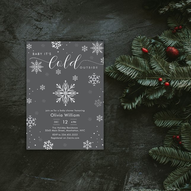 Invitación Silver Dark Grey Winter Snowflake Baby Shower  (Silver Dark Grey Winter Snowflake Baby Shower Invitation)
