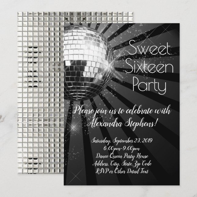 Invitación Silver Disco Ball Dulce Dieciséis Fiesta de Danza  (Anverso / Reverso)