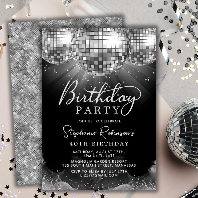 Invitación Silver Disco Ball Fiesta 40 de cumpleaños moderno (Subido por el creador)