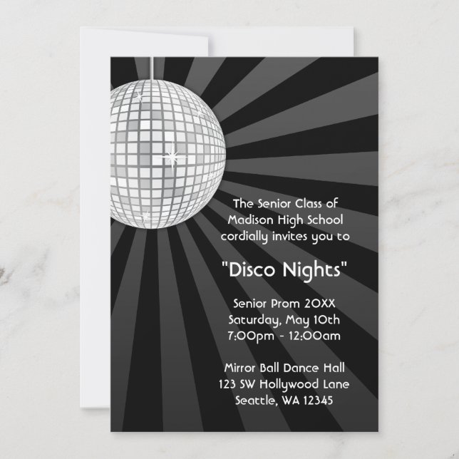 Invitación Silver Disco Ball Fiesta Dance Prom Formal (Anverso)