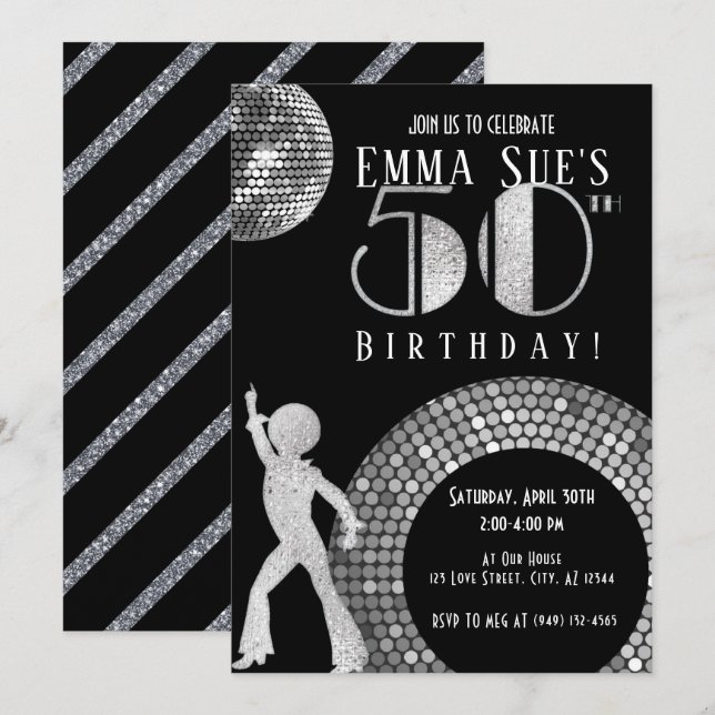 Invitación Silver Disco Ball Studio 54 Fiesta 50 cumpleaños (Anverso / Reverso)