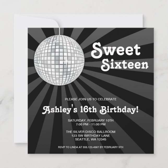 Invitación Silver Disco Ball Sweet 16 Cumpleaños (Anverso)
