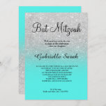 Invitación SIlver falso purpurina turquesa oscuro Bat Mitzvah<br><div class="desc">Moderna,  original y simple purpurina falso plateado oscuro Invitación a Bat Mitzvah sobre un fondo turquesa acuático totalmente verde azulado personalizable</div>