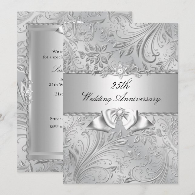 Invitación Silver Floral & Bow 25º Aniversario Boda (Anverso / Reverso)