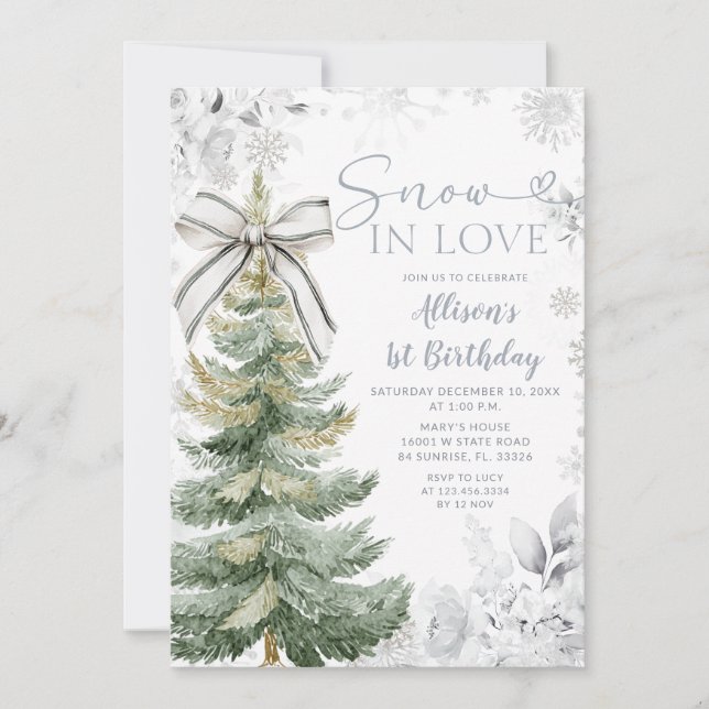 Invitación Silver Floral Snow In Love Christmas Tree Birthday (Anverso)