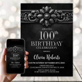 Invitación Silver Flower Black 100th Birthday Party