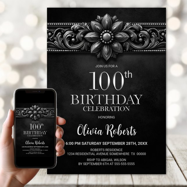 Invitación Silver Flower Black 100th Birthday Party (Subido por el creador)