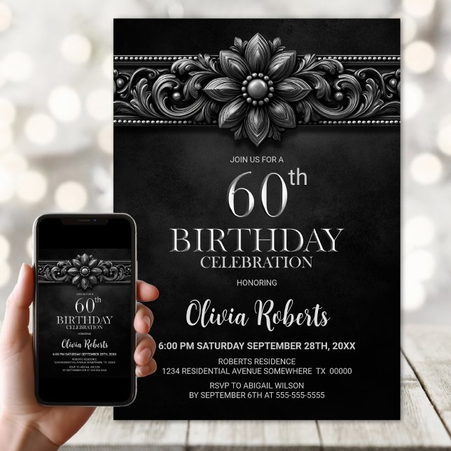 Invitación Silver Flower Black 60th Birthday Party (Subido por el creador)