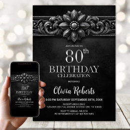 Invitación Silver Flower Black 80th Birthday Party