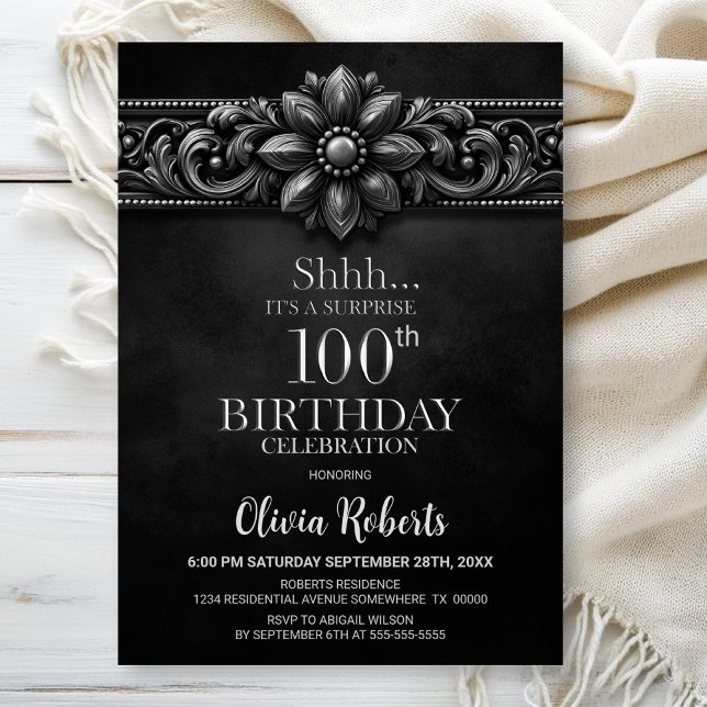 Invitación Silver Flower Black Surprise 100th Birthday Party (Subido por el creador)
