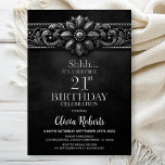 Invitación Silver Flower Black Surprise 21st Birthday Party<br><div class="desc">Make the surprise unforgettable with this stylish silver flower surprise 21st birthday party invitation. The customizable text templates allow you to add the name of the honored guest, the secret party details, and the venue with ease. Your guest of honor will be in for a night of laughter and cherished...</div>