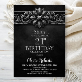 Invitación Silver Flower Black Surprise 21st Birthday Party
