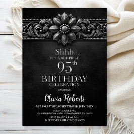 Invitación Silver Flower Black Surprise 95th Birthday Party