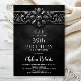Invitación Silver Flower Black Surprise Birthday Party