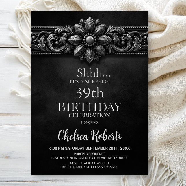 Invitación Silver Flower Black Surprise Birthday Party (Subido por el creador)