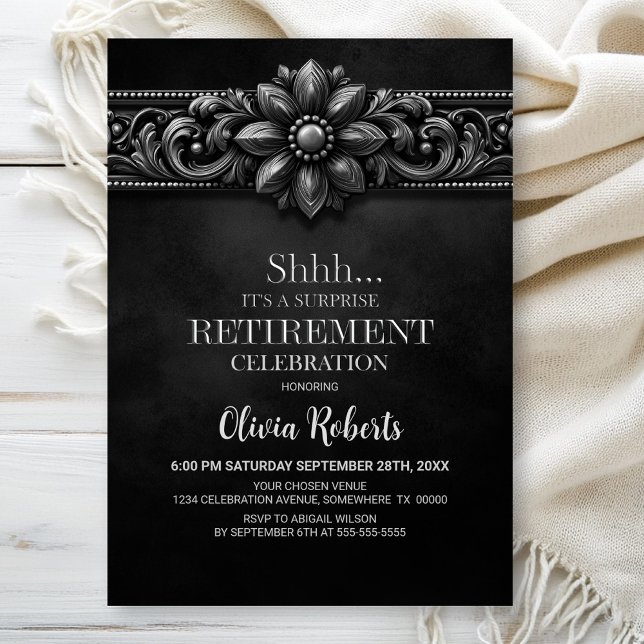 Invitación Silver Flower Black Surprise Retirement Party (Subido por el creador)