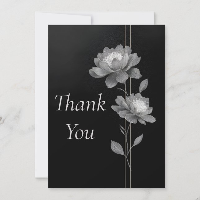 Invitación Silver Flowers & Lines on Black Thank You Card (Anverso)