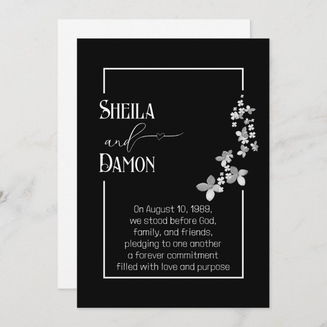 Invitación Silver Flowers On Black Wedding Vow Renewal  (Anverso / Reverso)
