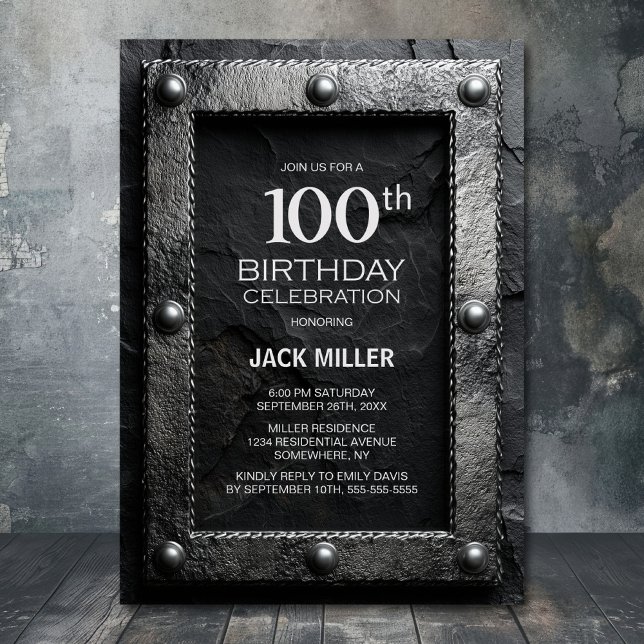 Invitación Silver Frame Black Slate 100th Birthday Party (Subido por el creador)
