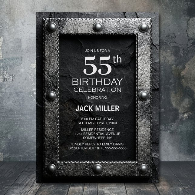 Invitación Silver Frame Black Slate 55th Birthday Party (Subido por el creador)