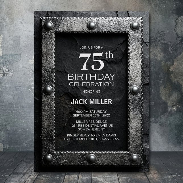 Invitación Silver Frame Black Slate 75th Birthday Party (Subido por el creador)