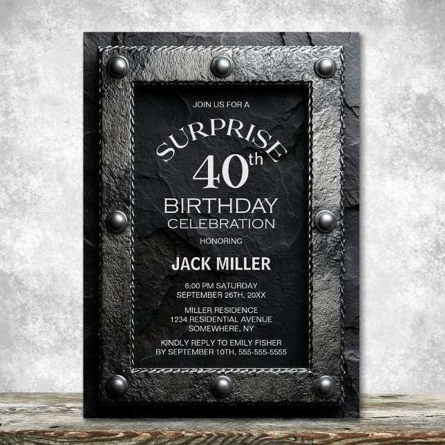 Invitación Silver Frame Black Slate Surprise 40th Birthday (Subido por el creador)
