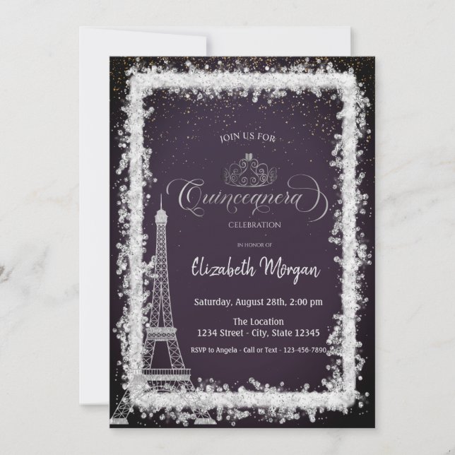 Invitación Silver Frame Eiffel Tower Dark Purple Quinceanera (Anverso)