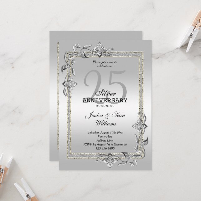 Invitación Silver Gem y Purpurina 25º aniversario Boda (Anverso/Reverso In Situ)