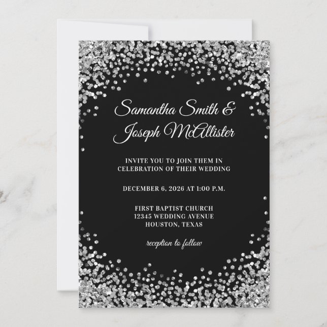 Invitación Silver Glitter Border Black Wedding (Anverso)