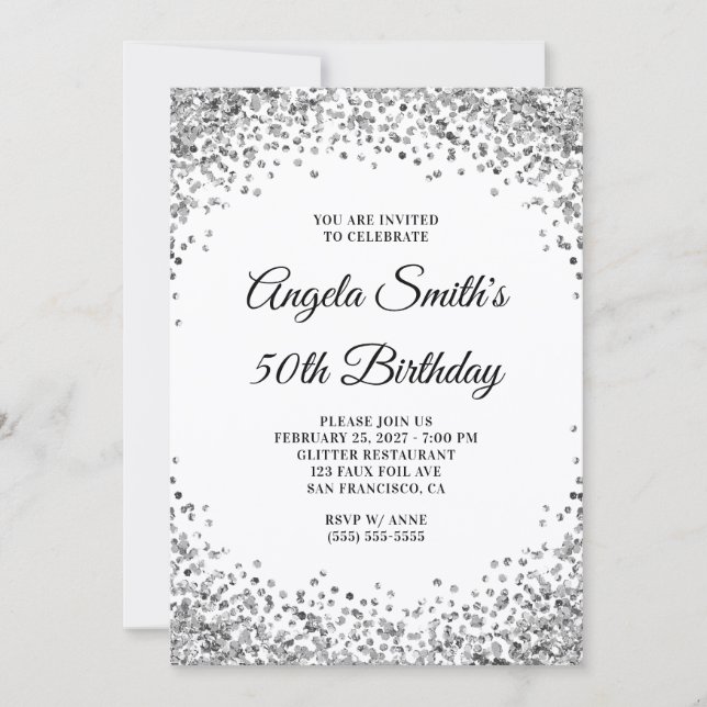 Invitación Silver Glitter Border White 50th Birthday (Anverso)