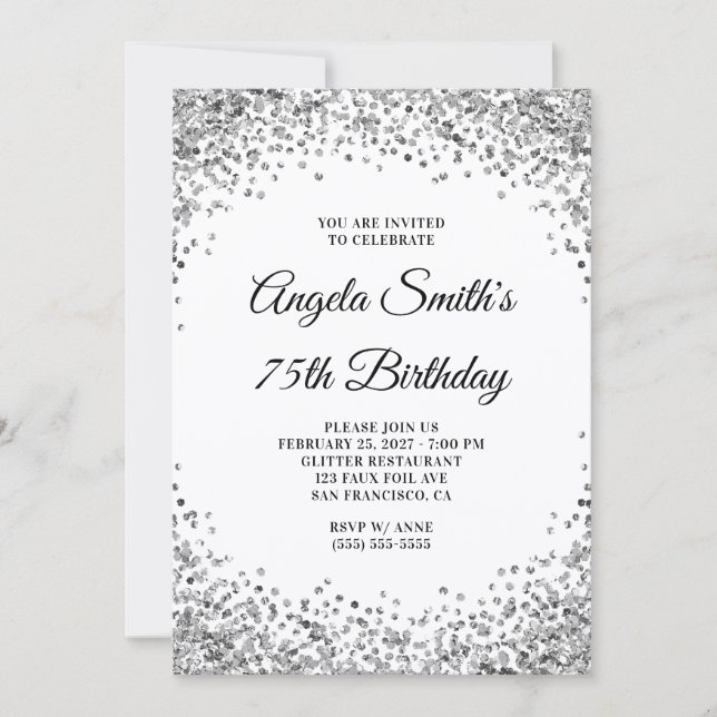 Invitación Silver Glitter Border White 75th Birthday (Anverso)