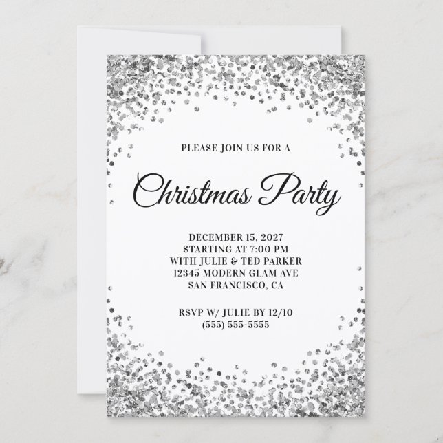 Invitación Silver Glitter Border White Christmas Party (Anverso)