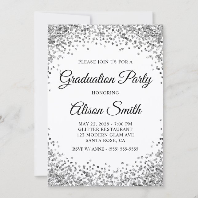 Invitación Silver Glitter Border White Graduation Party (Anverso)