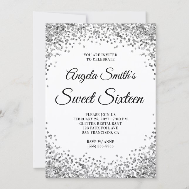 Invitación Silver Glitter Border White Sweet Sixteen (Anverso)
