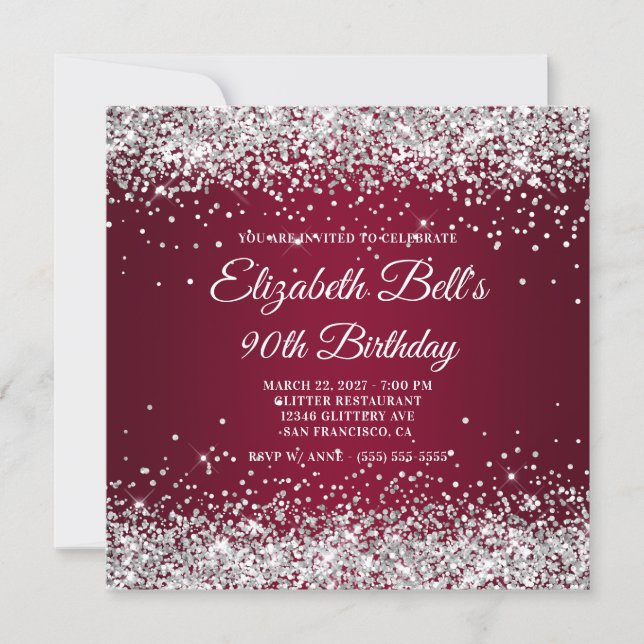 Invitación Silver Glitter Burgundy Ombre 90th Birthday (Anverso)