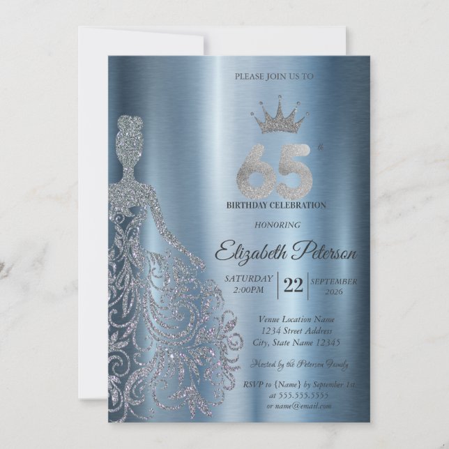 Invitación Silver Glitter Dress, Diamonds Blue 65th Birthday (Anverso)