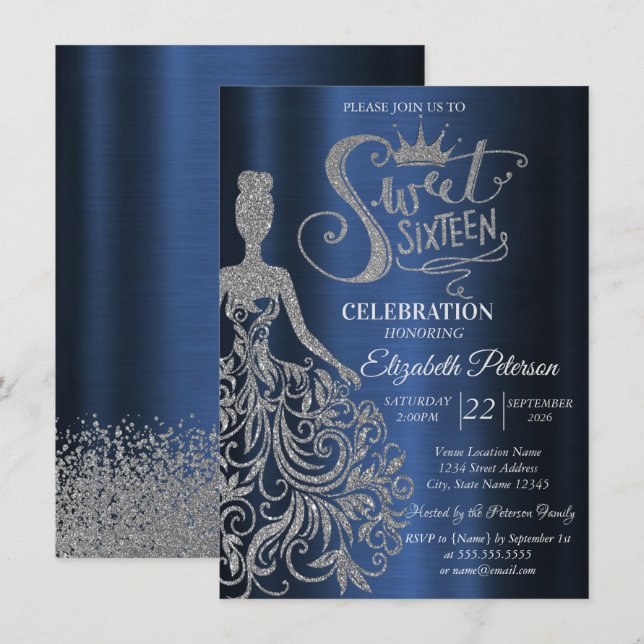 Invitación Silver Glitter Dress,Diamonds Navy Blue Sweet 16  (Anverso / Reverso)
