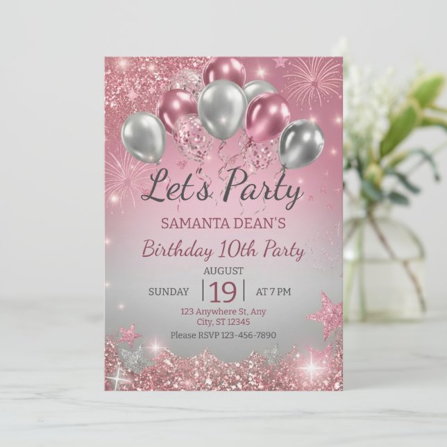 Invitación Silver Glitter Drips Balloons Birthday  (Anverso de pie)