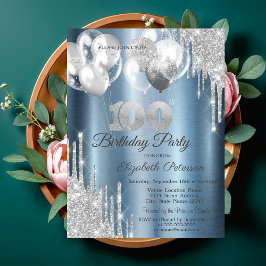 Invitación Silver Glitter Drips Balloons Blue Metallic 100th 