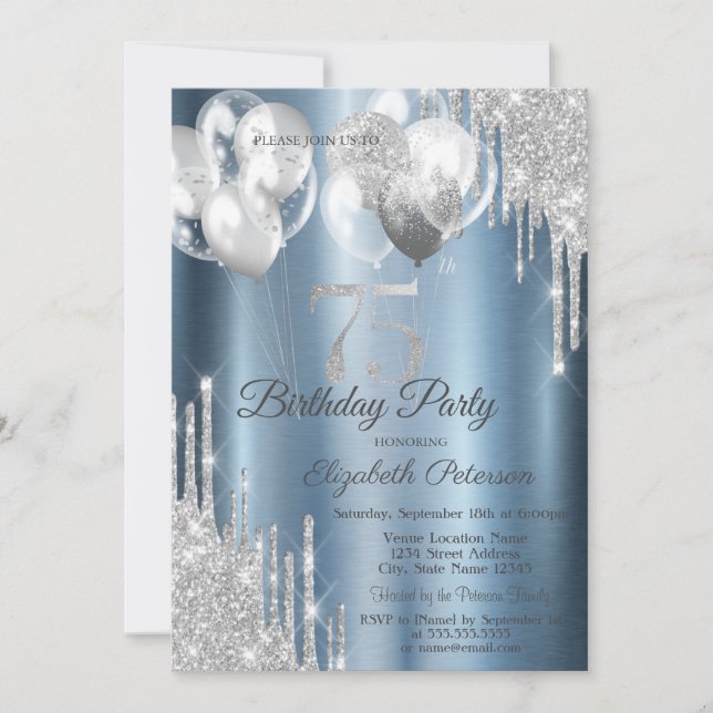 Invitación Silver Glitter Drips Balloons Blue Metallic 75th  (Anverso)