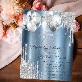 Invitación Silver Glitter Drips Balloons Blue Metallic 75th 
