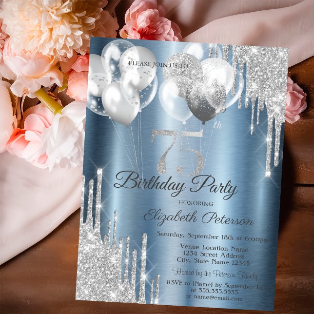 Invitación Silver Glitter Drips Balloons Blue Metallic 75th  (Subido por el creador)